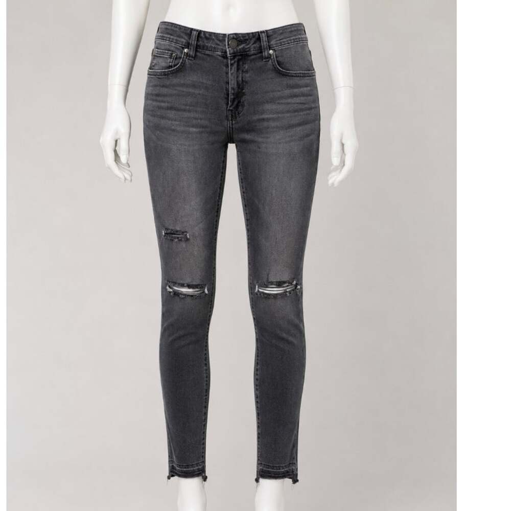 Fashion Nova Tinseltown Charcoal Gray Distressed Knees Raw Hem Skinny Jean 3